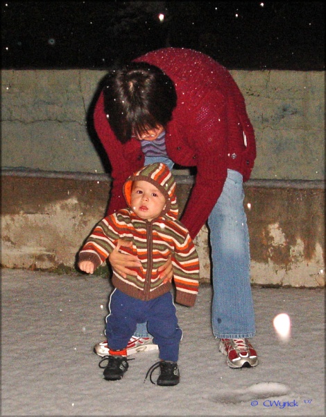 Look daddy!  Snow!